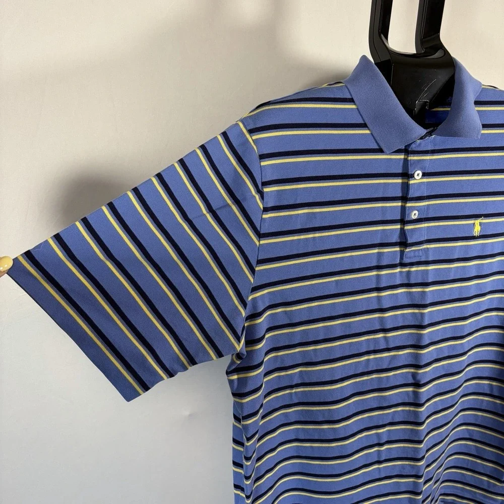Polo Golf Large Mens Ralph Lauren Pima Cotton Blue Yellow Stripe Shirt Preppy